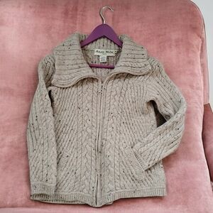 Aran Mor Women's Merino Wool Beige Cable Knit Cardigan